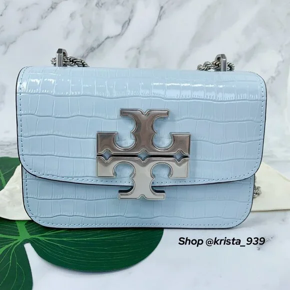 TORY BURCH ELEANOR SMALL Convertible Bag croc-embossed Blue Mist Leather - Picture 1 of 10